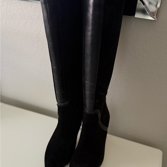 Adrienne Sleek Black Suede Knee High Boots with Leather Trim 3” heels - Picture 2 of 6